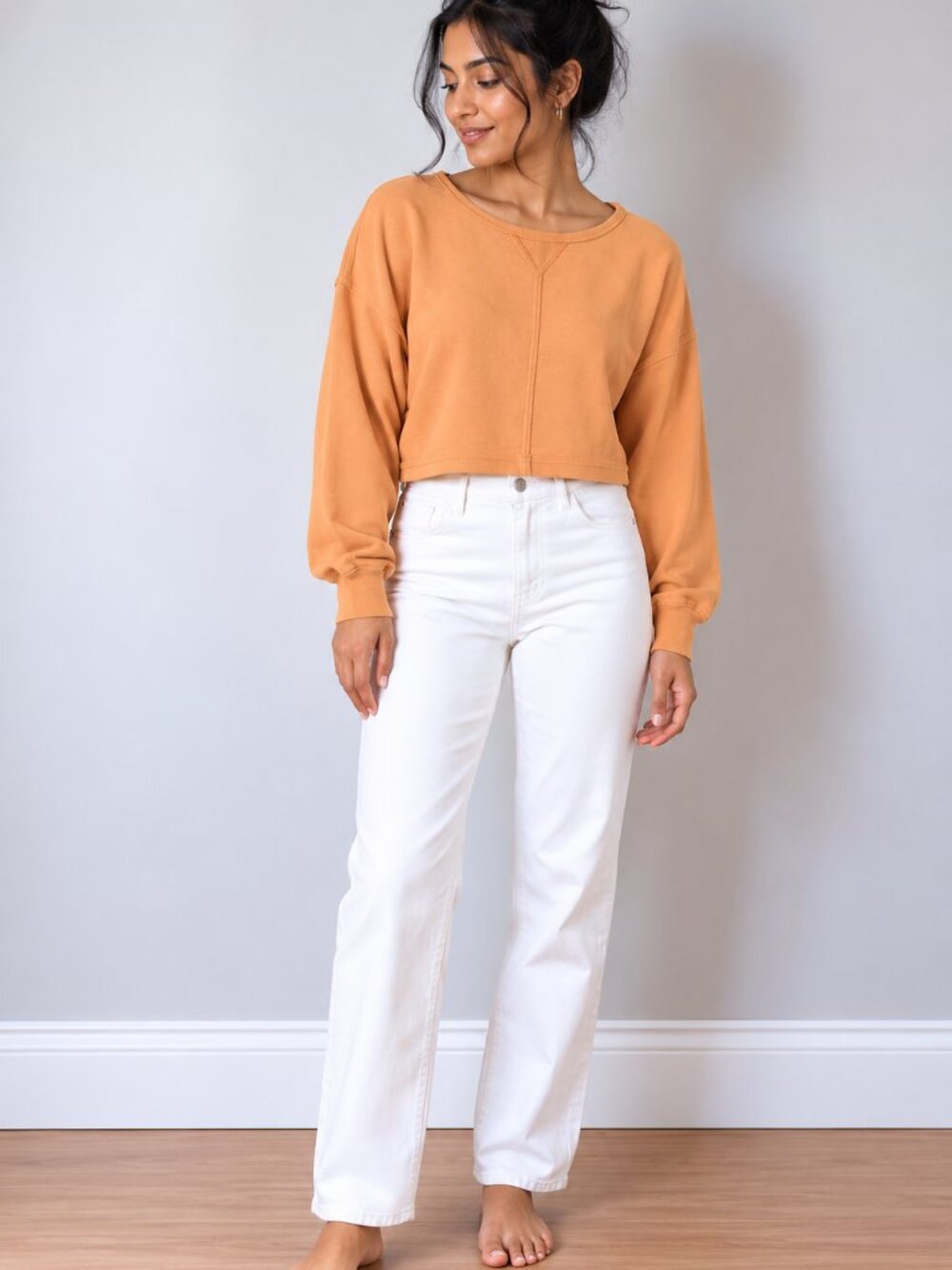 Aerie Cropped Waffle Knit Sweatshirt Peach Orange Crewneck Large